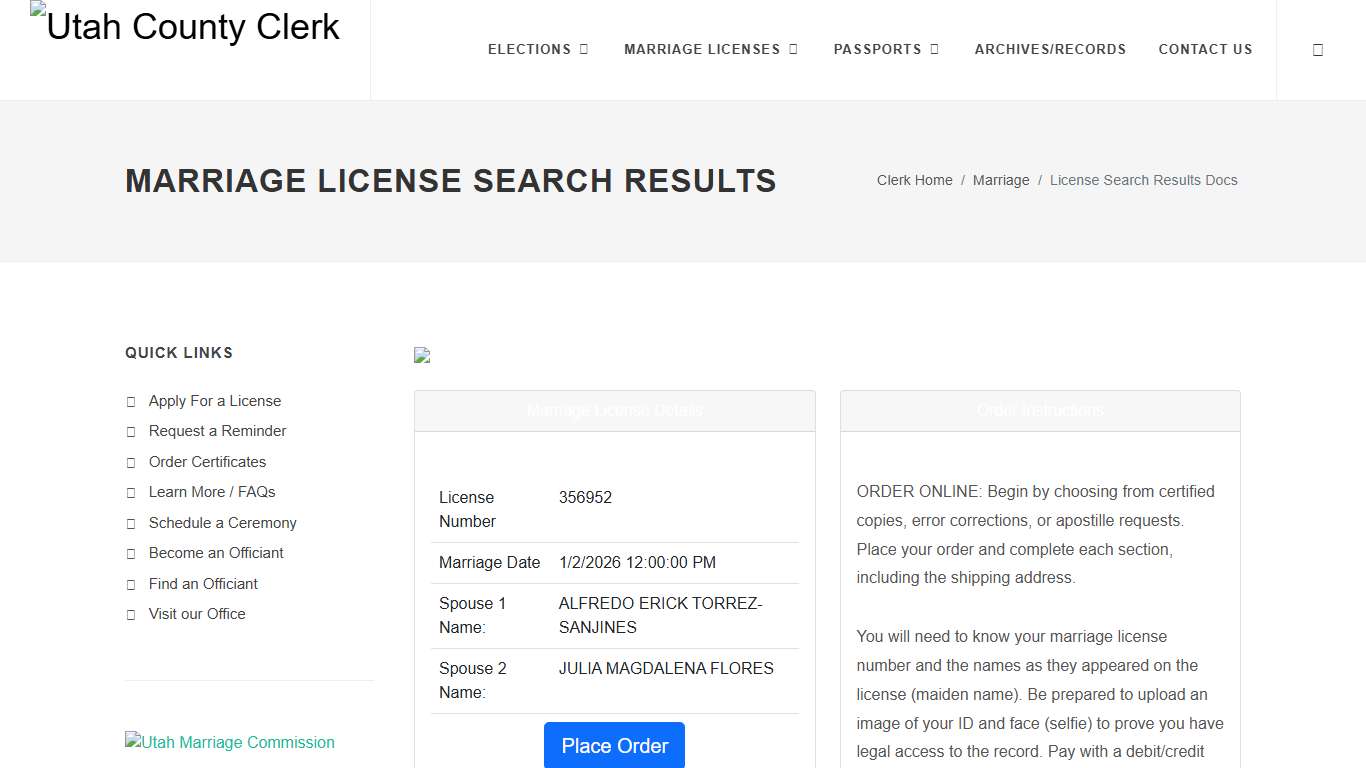 Marriage License Search Results Document| Marriage Utah County Clerk